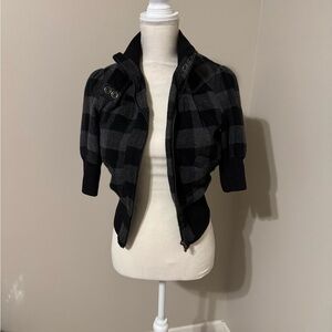 Black & Gray Plaid Cropped Bomber Jacket | Zip-Up | Size S